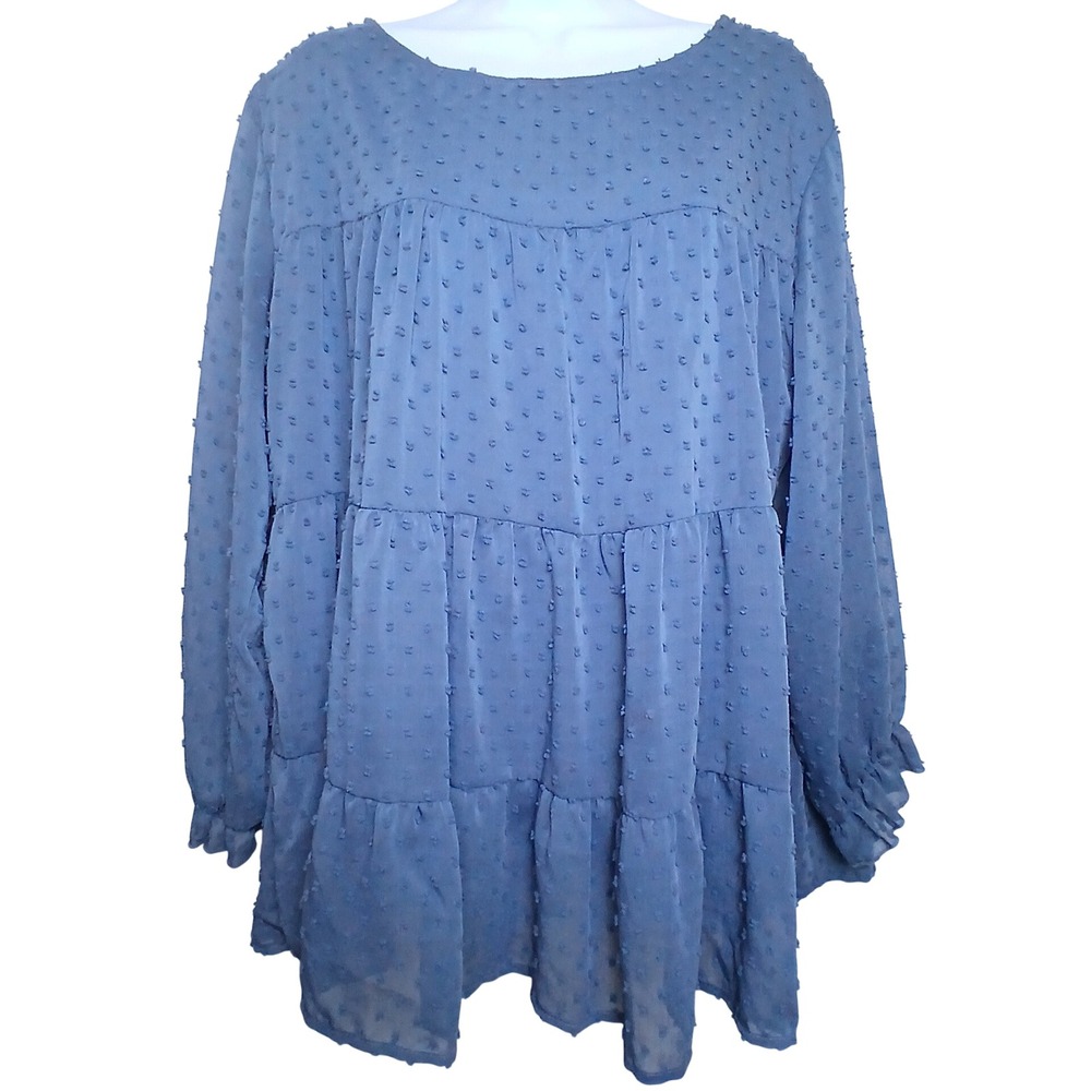 PrettyGarden Women XL Blue Swiss Dot Tiered Babydoll Blouse Cottagecore Boho